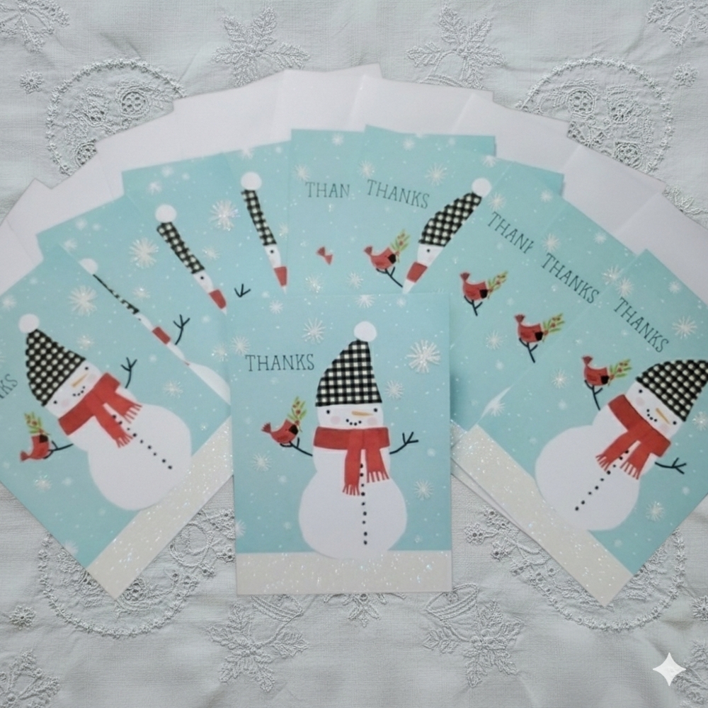 10 Blank Notecards Envelopes Glitter Snowman Snowflake Cardinal Holiday Winter